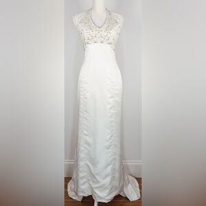 Vintage Alvina Valenta Couture Silk Wedding Dress Gown Beaded Mermaid Halter